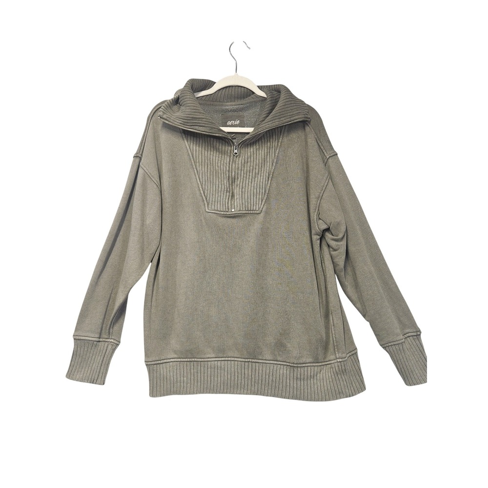 Aerie Womens Olive Green Quarter Zip Ribbed Mock Neck Pullover Sweatshirt XS